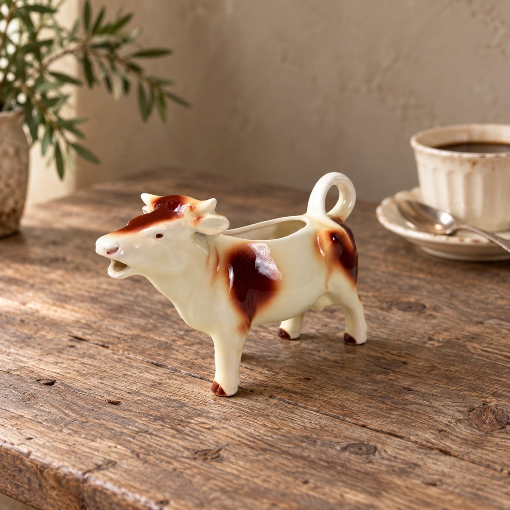 Vintage West German Ceramic Cow Creamer Brown White Figural Milk Pitcher